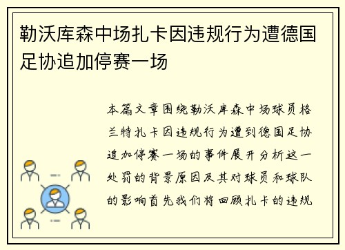 勒沃库森中场扎卡因违规行为遭德国足协追加停赛一场