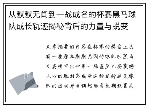 从默默无闻到一战成名的杯赛黑马球队成长轨迹揭秘背后的力量与蜕变