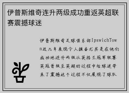伊普斯维奇连升两级成功重返英超联赛震撼球迷 伊普斯维奇连升两级成功重返英超联赛震撼球迷