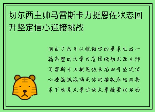 切尔西主帅马雷斯卡力挺恩佐状态回升坚定信心迎接挑战